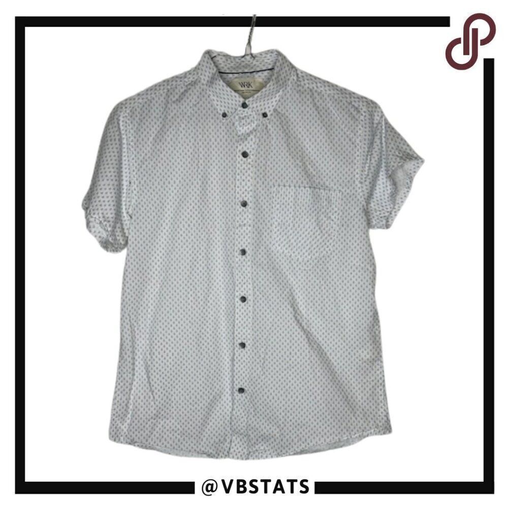 W.R.K. Short Sleeve Button Down White with Small Blue Print Shirt in Size Medium